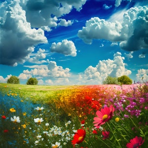 AI-Generated Art Print of a blue sky with Wildflowers