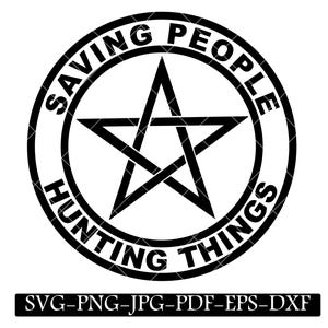 Könnte beinhalten: Schwarzweißes Grafikdesign eines fünfzackigen Sterns in einem Kreis mit dem Text "Saving People Hunting Things" um den Stern.