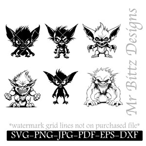 May include: Five black and white illustrations of cartoon goblins with different expressions. The goblins have large ears, sharp teeth, and are in various poses.