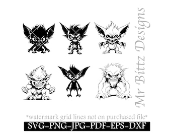 6 ゴブリン SVG バンドル、いたずら好きなグレムリン、インプ、ホブゴブリン、トロール、パック、レプラコーン、スプライト、ブラウニー、デジタル ダウンロード、ハロウィーンの怖い不気味な
