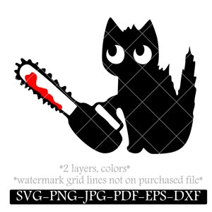 Kat met bloedige kettingzaag SVG, gesneden moorddadige kat DIY sticker, boze Kitty stencil, morbide, droge humor, Halloween kat, grappige kat tshirt ijzeren bestand