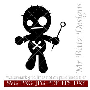 May include: Black and white silhouette of a voodoo doll with a needle sticking out of its chest. The doll has a stitched X on its chest and a simple face.