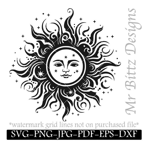 Sun Celestial SVG, Sun Svg, Boho Sun, Sun Face, pagen symbol design, svg, dxf, png, jpg, Instant donload, SVG for cricut