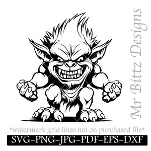 May include: Black and white illustration of a cartoon goblin with a menacing expression. The goblin has sharp teeth, claws, and a pointed hat.