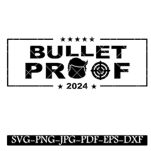 May include: Black and white graphic design with the text "BULLET PROOF 2024" inside a black rectangle. A silhouette of a person's head with hair is in the middle of the text.