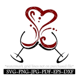Verre à vin coeur svg, fichier numérique cadeau bricolage Saint-Valentin, téléchargement immédiat, eps, png, Cricut, Silhouette, acclamations, tintement de verres, 2 couches
