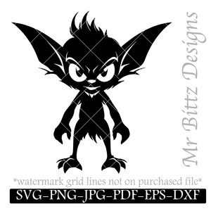 May include: Black and white silhouette of a cartoon goblin with a mischievous expression. The goblin has large ears, a pointed nose, and a spiky tuft of hair.