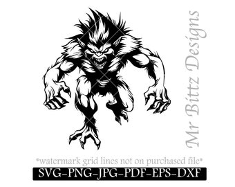 トロール SVG、狼男、狼男、鬼、野蛮人、ハロウィーンのモンスター、毛むくじゃらの生き物、満月 SVG、デジタル ダウンロード、ハロウィーンの怖い不気味な