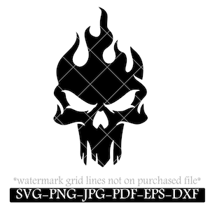May include: Black and white silhouette of a skull with flames coming out of the top of the head.