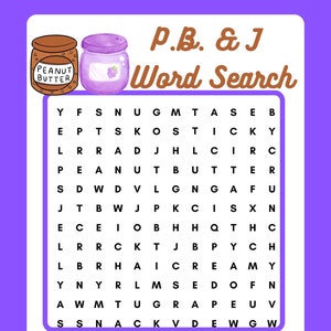 Peanut Butter & Jelly Word Search, Instant Download, Printable, PDF