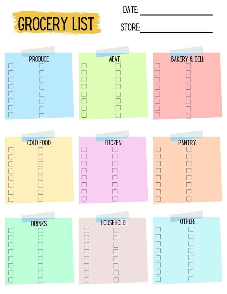 Printable Grocery List Etsy