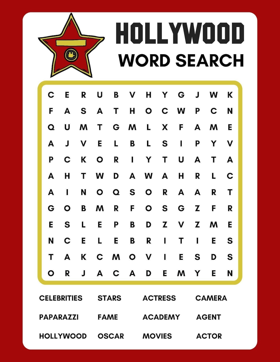 Hollywood Word Search, Printable, Instant Download, PDF Etsy