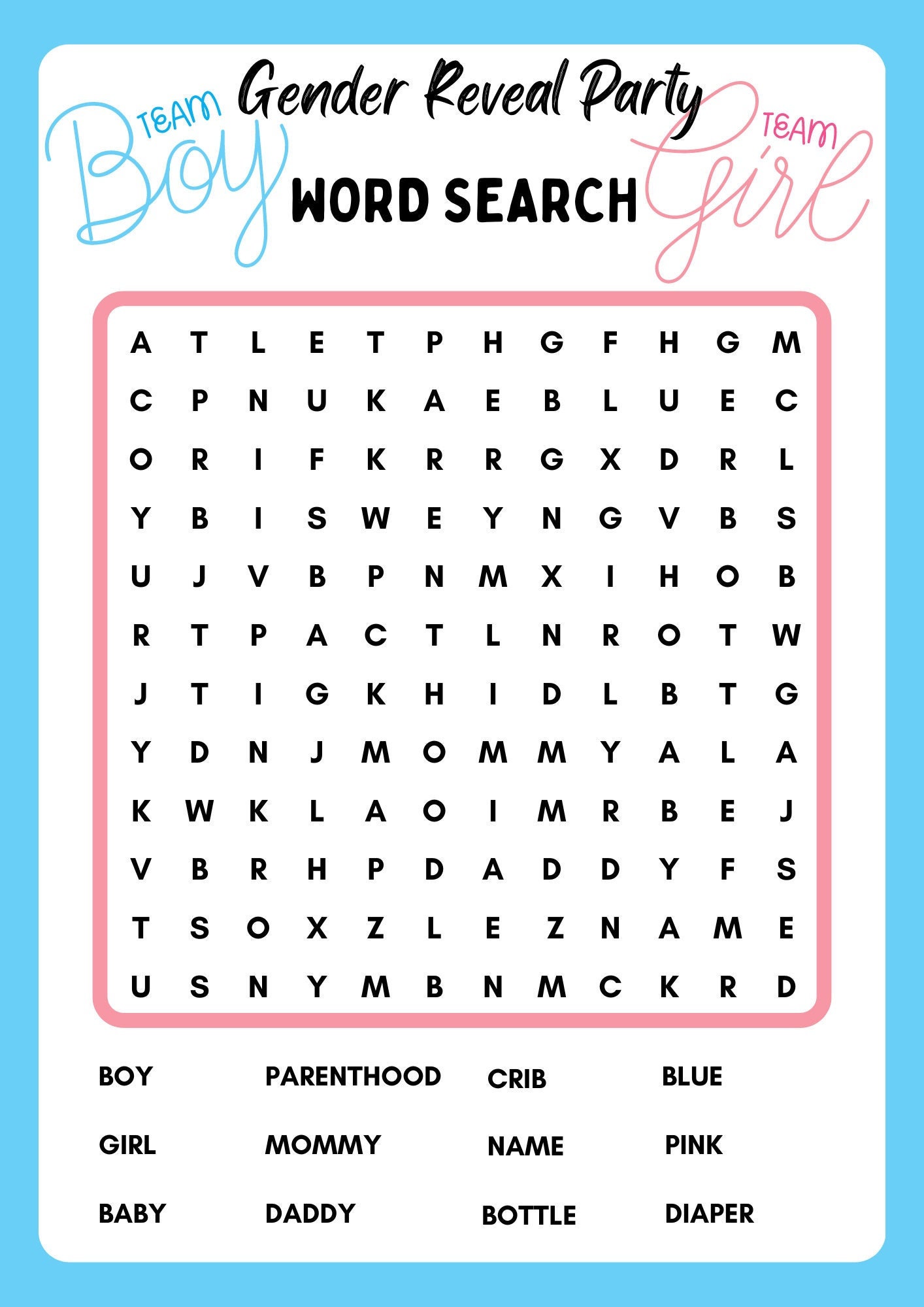 Gender Reveal Party Word Search, Instant Download, Printable, PDF Etsy