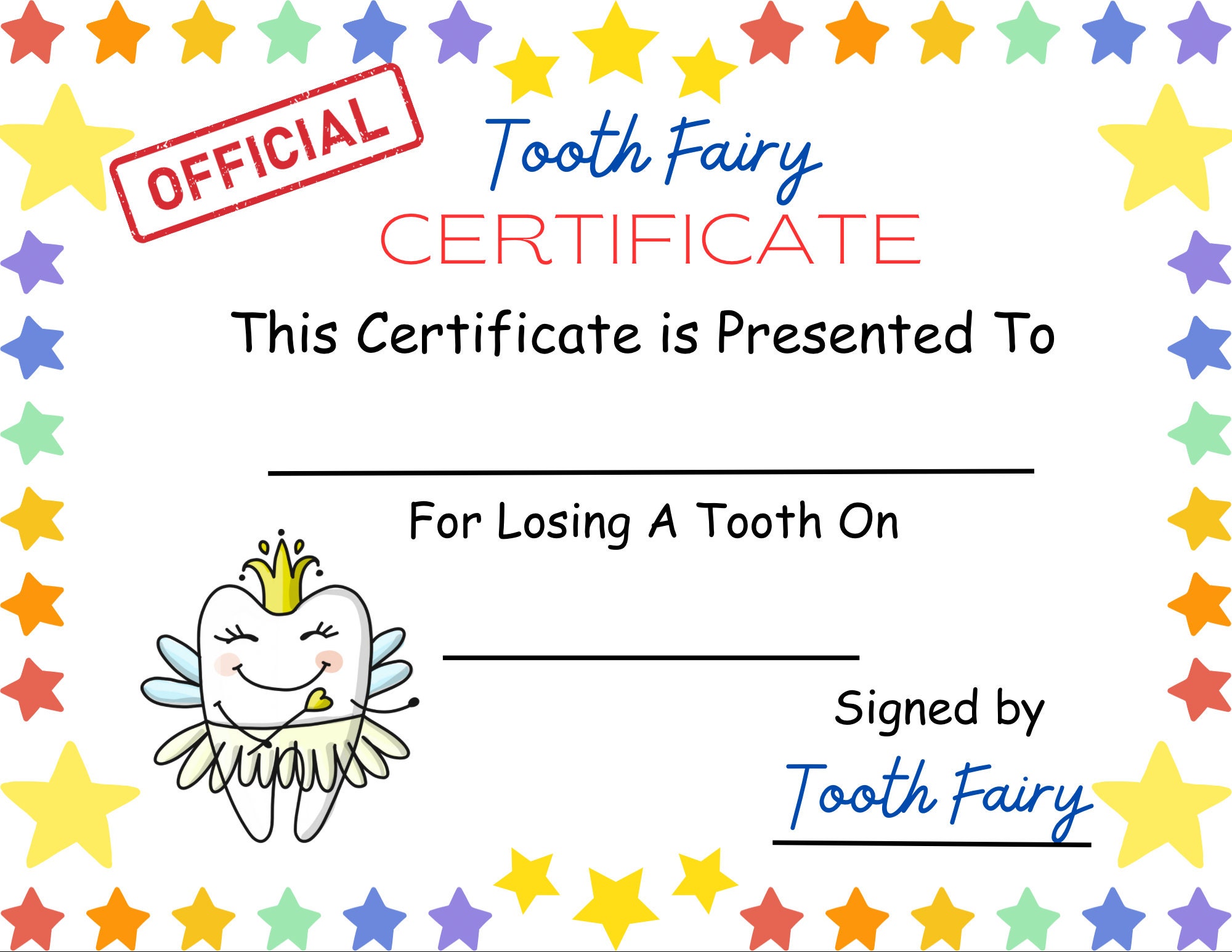 Tooth Fairy Certificate, Instant Download, Printable, PDF - Etsy