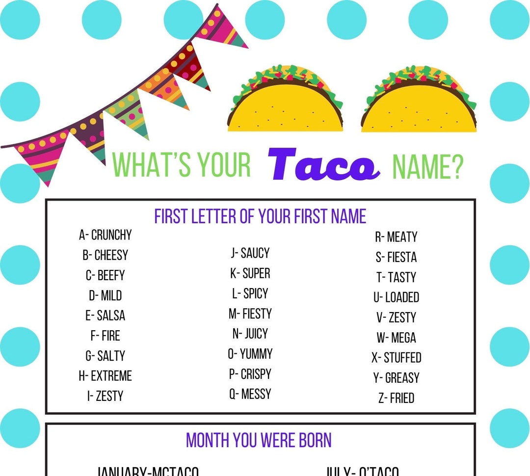 Whats Your Taco Name Printable Instant Download PDF Etsy funny-taco-sayings-for-girl-funny-taco-lover-gift-sticker