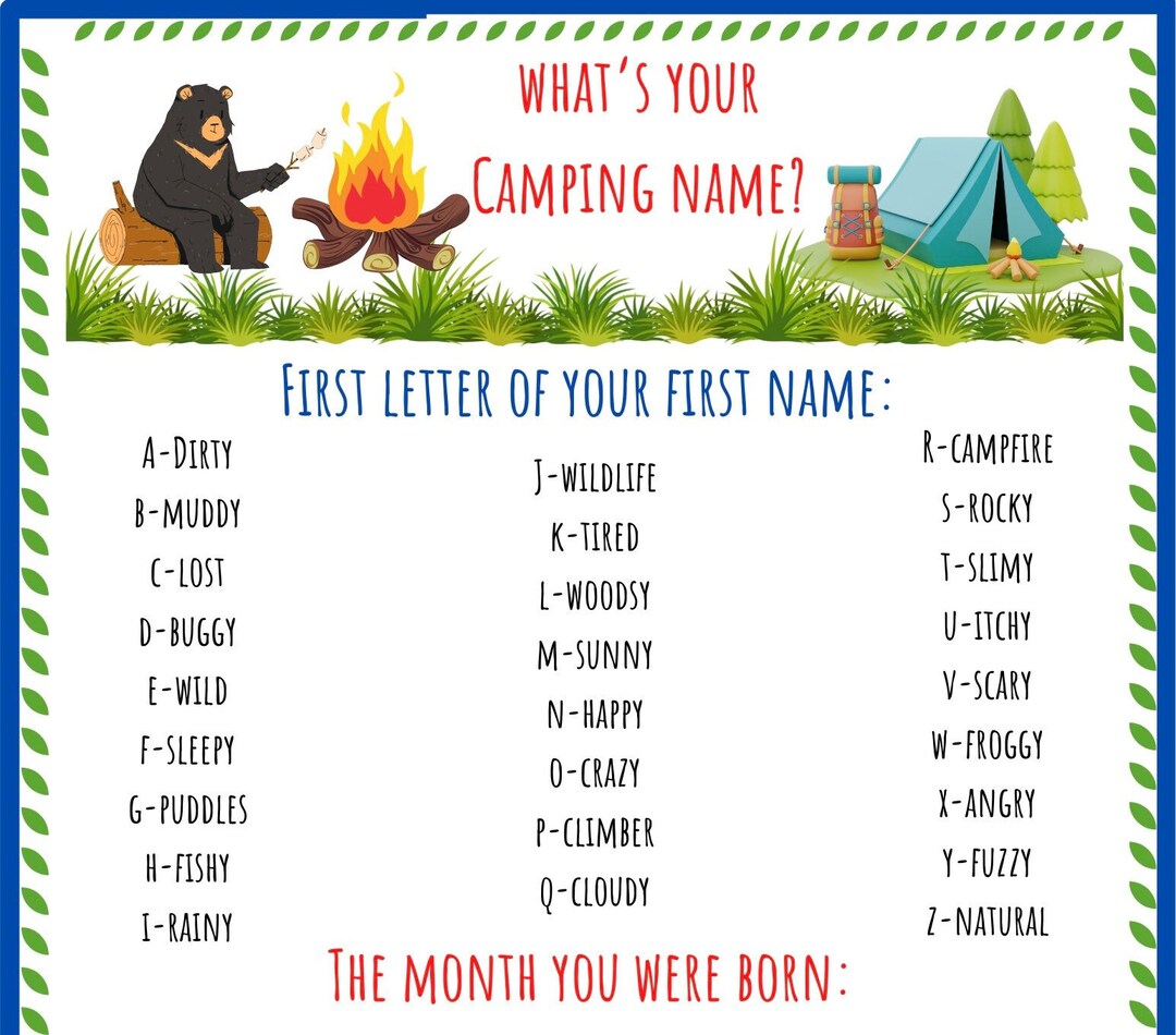 Whats Your Camping Name Printable, Instant Download, PDF Etsy
