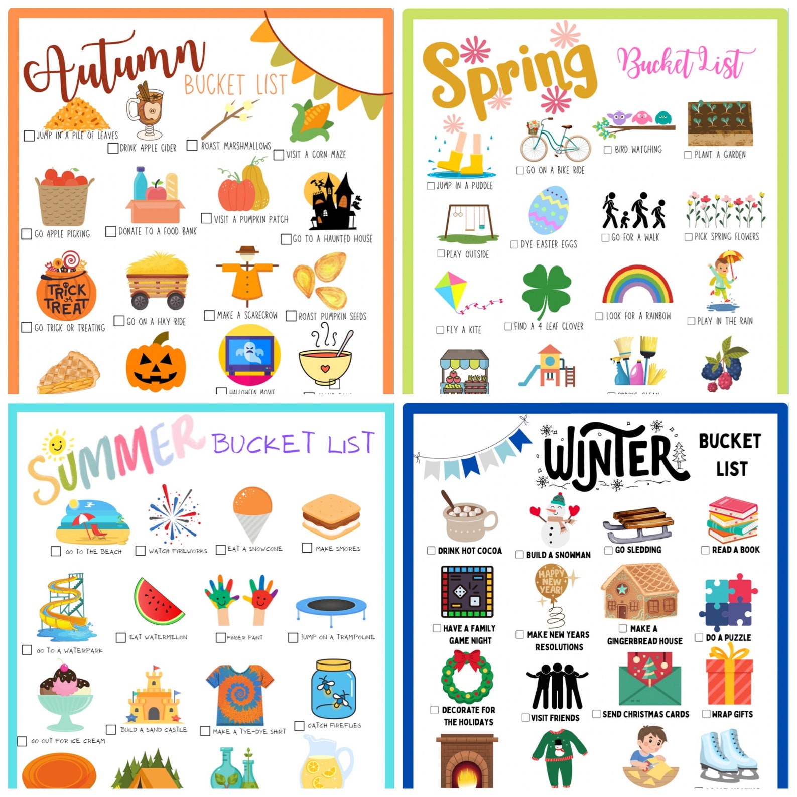 Fall, Winter, Summer, and Spring Bucket List, Printables, Fun for ...
