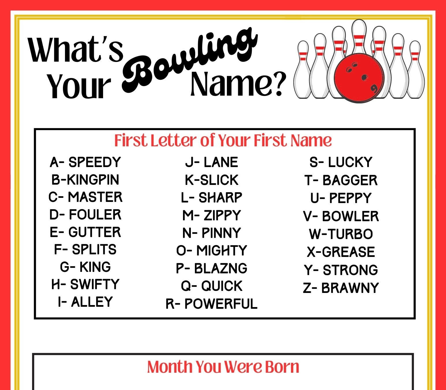 Whats Your Bowling Name Printable, Instant Download, PDF Etsy