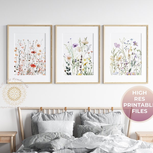 Spring Wildflowers Wall Art Set, Botanical Prints, Home Decor Floral Watercolor, Living Room Gallery Wall, Bedroom Artwork Trio