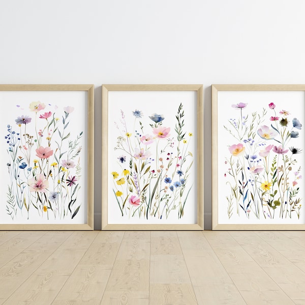 Spring Watercolor Set of 3 Printable Wildflower Wallart Living Room Decor Printable Muted Floral Artwork Neutral Spring Flowers Wall Art