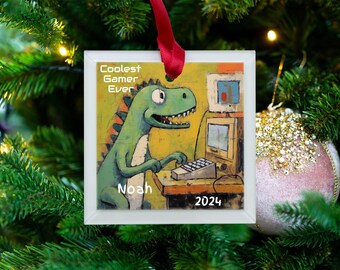 Personalized Custom Name Gaming Room Ornament, Gift for Gamers, Christmas Gamer Gift, Personalized Gamer Ornament, Cool Gaming Dinosaur