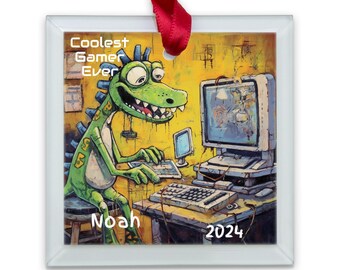 Personalized Gaming Room Ornament Custom Name Dinosaur Coolest Gamer Ever Christmas Gamer Gift Gift for Gamers Video Game Player