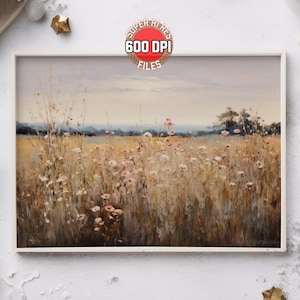 Printable Wildflower Field Landscape Oil Painting | Digital Download | Country Cottage Art | Vintage Style | Farmhouse Decor | Wall Art