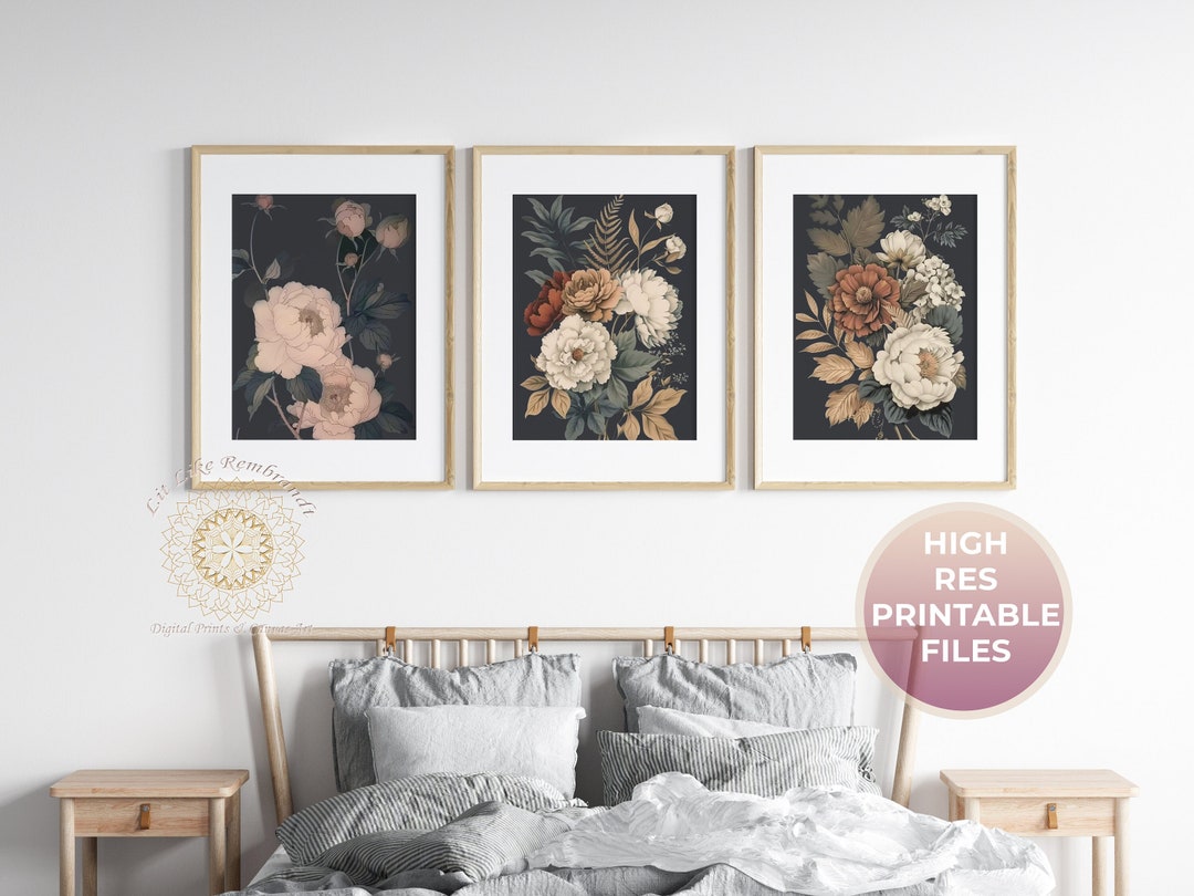 Botanical Wall Art Set of 3 Dark Academia Floral Vintage Prints Home ...