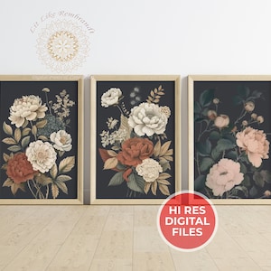 Dark Academia 3er Set Vintage floral Wand Kunst Drucke elegante botanische Triptychon dunklen Hintergrund Home Dekor Galerie Set Instant Download