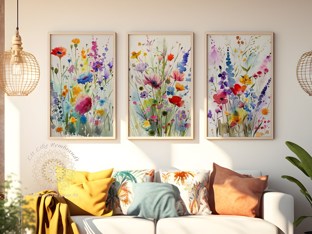 Colorful Wildflower Art, Bright Floral Prints, Set of 3 Watercolor ...