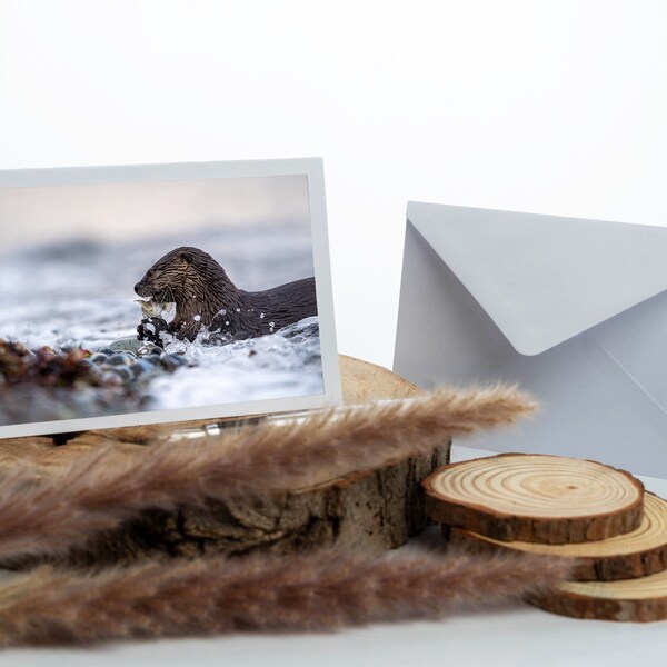 Grußkarte Fischotter, Naturmotiv, Flusslebewesen Karte, Tierliebhaber,Naturliebhaber Karte,Handgemachte Otter Karte,cute river otter picture