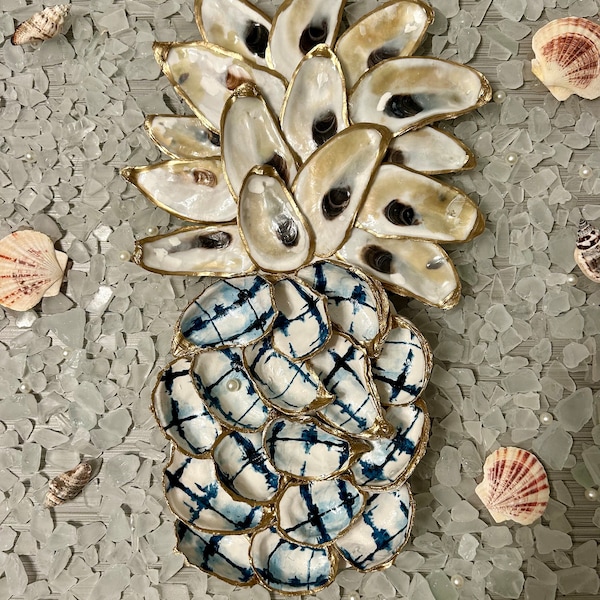 Blue and white oyster shell pineapple wall decor