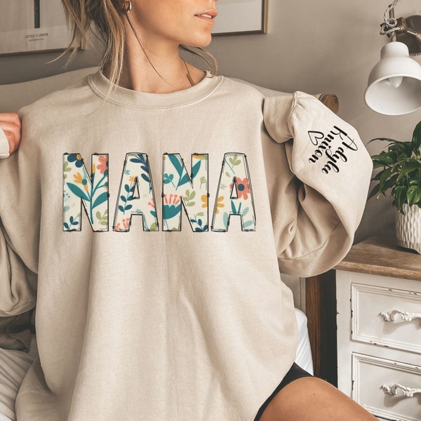 Personalized Nana sleeve print sweatshirt, gift for mom, Cute Christmas gift for nana, custom nana shirt, mothers day gift, name on sleeve,