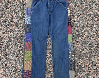 Patchwork Wrangler Denim Jeans: Upcycled 60s Style - 36x29