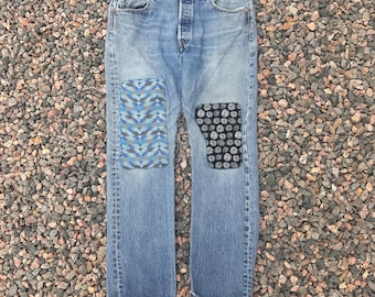 Patchwork Levi's 501 buttonfly-jeans: geüpcycleerde jaren 60-stijl - 34 x 34