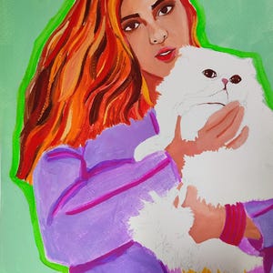 Original Gouache Painting- Lady with Her Cat, Unframed Artwork