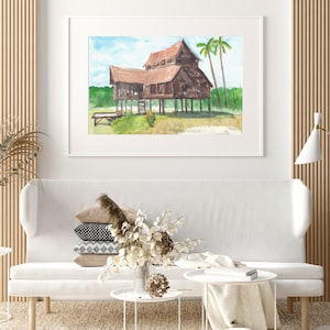 Kampung house watercolor printable, Malaysian house watercolor printable, downloadable printable art, wall art printable, printable art
