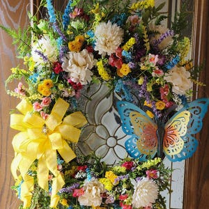 Spring Floral Wreath with Butterfly & Yellow Bow, Colorful Summer Door Wreath, Wildflower Front Door Decor, Easter or Year-Round Home Decor.