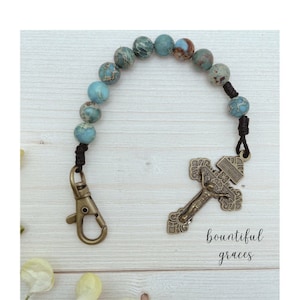 One Decade Rosary Blue Gemstone Bead Catholic Pocket Keychain | Pardon Crucifix and Miraculous Centerpiece Carabiner Clasp