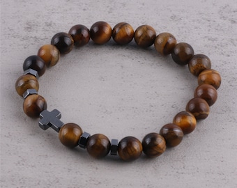 Catholic Bracelet with 8mm Tiger Eye Beads and Hematite Cross