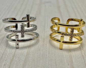 Adjustable Ring Triple Cross Ring CZ | Trinity | Anniversary Gift Summer Jewelry Gold Ring Silver Ring | Gift for Her -Unique Ring- Present