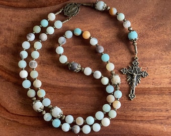 Catholic Rosary Amazonite Stone Beads with Bronze Plated Miraculous Medal Centerpiece Crucifix + FREE Silver Decade Finger Rosary