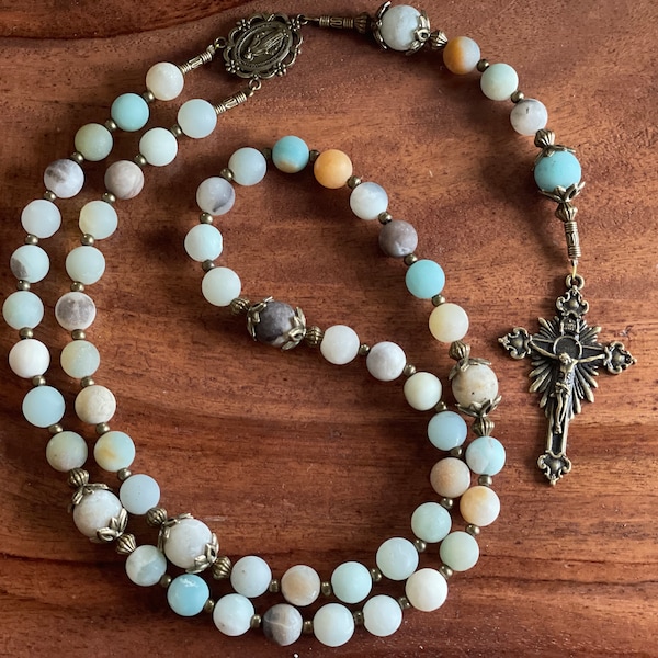 Catholic Rosary Amazonite Stone Beads with Bronze Plated Miraculous Medal Centerpiece Crucifix + FREE Silver Decade Finger Rosary