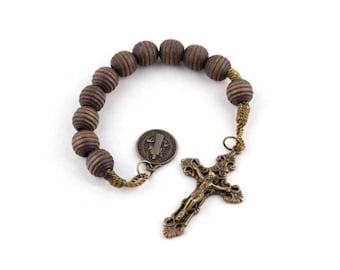 Pocket Rosary One Decade Chaplet Handcrafted Natural Wooden St. Benedict Medallion