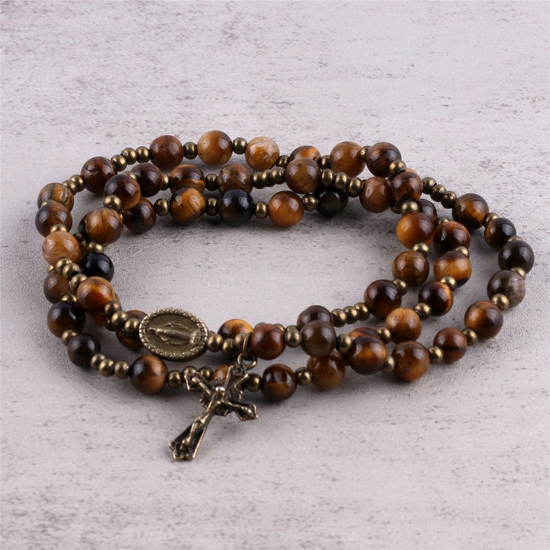 Rosary Wrap Bracelet Tiger Eye Stones Catholic Gift Religious Gift First Communion Confirmation Wedding Prayer Beads image 3