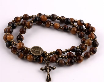 Rosary Wrap Bracelet | Tiger Eye Stones | Catholic Gift | Religious Gift | First Communion | Confirmation | Wedding | Prayer Beads