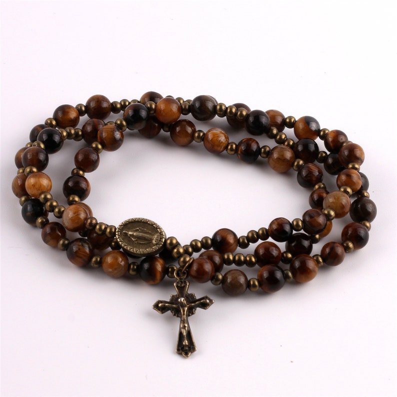 Rosary Wrap Bracelet Tiger Eye Stones Catholic Gift Religious Gift First Communion Confirmation Wedding Prayer Beads image 1