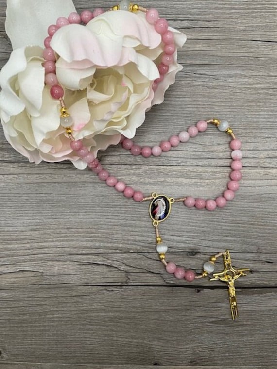 Divine Mercy Handmade Rosary | Natural tourmaline stone beads Durable cord