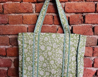 Handmade Quilted Tote Shopping Bag || Green Block Print Cotton Market Bag || Jhola Bag || Hippie Bag || Market Bag For Women || Under Pocket