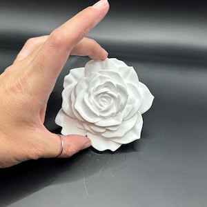 May include: A white, three-dimensional rose sculpture with detailed petals. The sculpture is held by a hand against a dark background. The rose is a decorative item, possibly for home decor or crafts.
